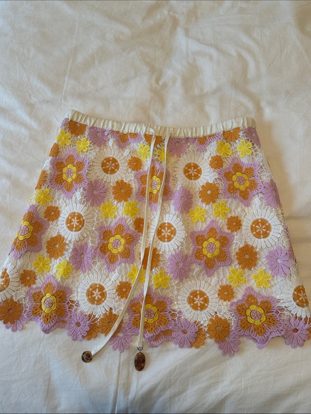 Zara White Crochet Mini Skirt with Yellow, Orange & Lilac Floral Accents